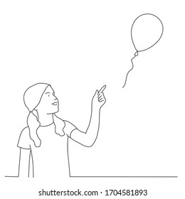Little girl shows a finger on a balloon. Line drawing vector illustration.