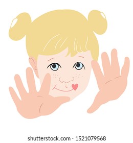 Little girl shows her palms, illustration for design art studio for kids, painting palms, palm color, vector