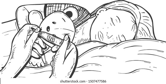 Little Girl Is Sick. Girl Hugs A Teddy Bear. Hands Hold A Thermometer. Vector Graphics. Hand Drawing