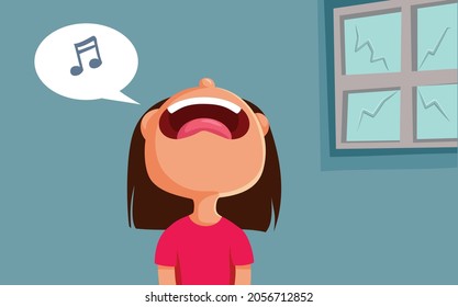 Little Girl Singing Breaking a Window Vector Cartoon. Funny child trying to perform singing badly and annoying with a false voice
