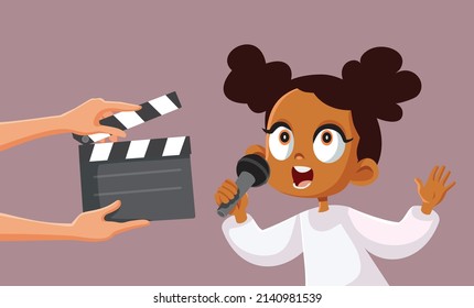 

Little Girl Singing in front of the Camera Vector Cartoon Illustration. Child sensing on stage in a televised musical competition
