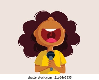 

Little Girl Singing Loud Vector Funny Cartoon Illustration. Cute, adorable child performing for karaoke party
