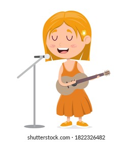 little girl singing and playing guitar, music performance by kid, cartoon vector illustration