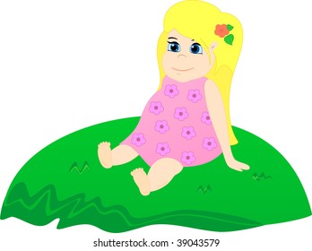 Little girl siting on the grassy hill. Baby dreaming and admire
