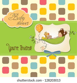 little girl siting in a pea been. baby announcement card