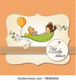 little girl siting in a pea been. baby announcement card