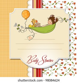 little girl siting in a pea been. baby announcement card