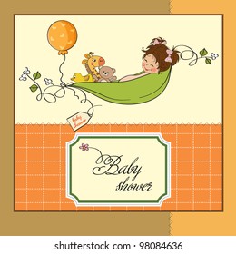 little girl siting in a pea been. baby announcement card