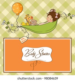 little girl siting in a pea been. baby announcement card