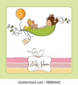 little girl siting in a pea been. baby announcement card