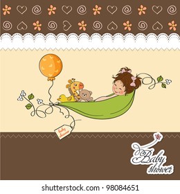 little girl siting in a pea been. baby announcement card