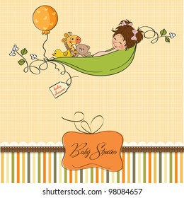 little girl siting in a pea been. baby announcement card