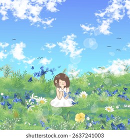 A little girl sits in a flower-filled meadow, smiling as blue butterflies flutter around her under a bright sky.