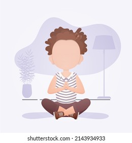 Little girl sits in the lotus position. Children's meditation. Vector illustration.