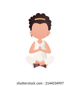 Little girl sits in the lotus position. Isolated. Vector illustration in cartoon style.