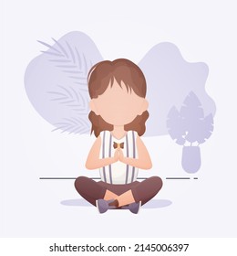 Little girl sits in the lotus position. Cute yoga, mindfulness and relaxation. Cartoon style.