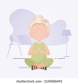 Little girl sits in the lotus position. Children's meditation. Vector illustration in cartoon style.
