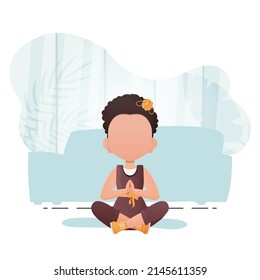 Little girl sits in the lotus position. Cute yoga, mindfulness and relaxation. Vector.