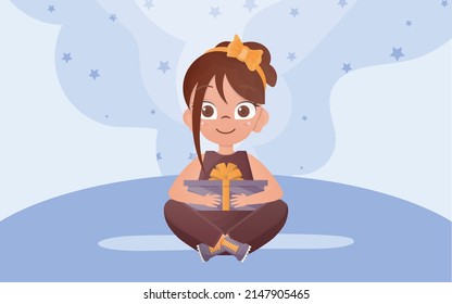 Little Girl sits in a lotus position with a gift in her hands. Vector illustration.
