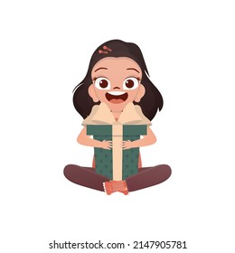 Little Girl sits in a lotus position with a gift in her hands. Cartoon style. Vector illustration.