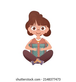 Little Girl sits in a lotus position with a gift in her hands. Isolated. Vector.