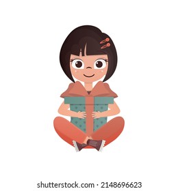 Little Girl sits in a lotus position with a gift in her hands. Isolated on white background. Vector.