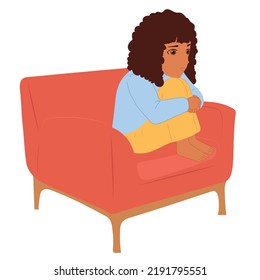 A little girl sits on an armchair and is sad.Vector flat illustration.