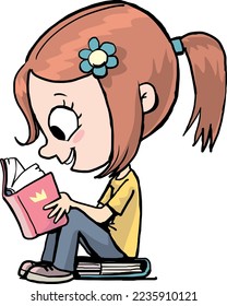 little girl sits on a book and reads enthusiastically