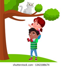Little Girl Sits On The Boy Shoulders And Pulls Her Hands To Cat Sitting On Tree Vector Flat Cartoon Illustration