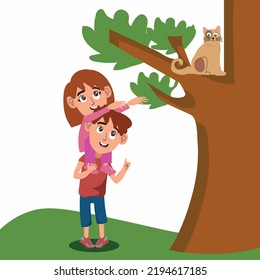 Little Girl Sits On The Boy Shoulders And Pulls Her Hands To Cat Sitting On Tree Vector Flat Cartoon Illustration.