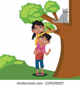 Little Girl Sits On The Boy Shoulders And Pulls Her Hands To Cat Sitting On Tree Vector Flat Cartoon Illustration.
