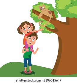 Little Girl Sits On The Boy Shoulders And Pulls Her Hands To Cat Sitting On Tree Vector Flat Cartoon Illustration.
