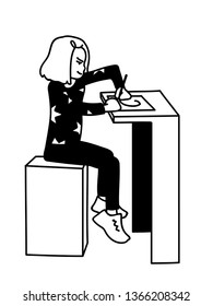 Little girl sits on a high chair, draws. Side view. Monochrome vector illustration of happy cute girl gets pleasure from her hobby in simple line art style isolated on white background. Concept.