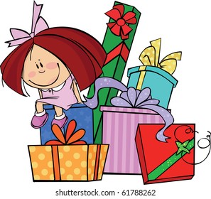 Little girl sits on a huge pile of gifts