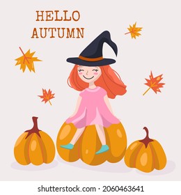 little girl sits on pumpkins. Autumn vector illustration