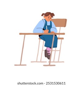 Little girl sits at the school desk, writing. Cute student does homework, learning. Child prepares for test, exam, studies at lesson. Education. Flat isolated vector illustration on white background