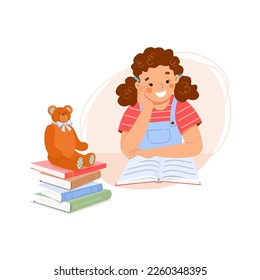 Niña se sienta a la mesa y lee el libro en voz alta para osito de peluche. El niño aprende lecciones en casa. Hay un montón de libros sobre la mesa. Concepto de educación, alfabetización, aprendizaje, lectura. Vector.