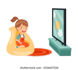 Little Girl Sitting in Armchair Watching Cartoon Film on TV Vector Illustration