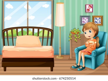 Little girl sitting in bedroom illustration