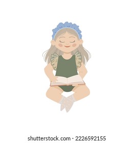 A little girl is sitting with a book in her hands. Character leafing through a book. Girl reading a fairy tale or learning to read. Flat vector cartoon illustration