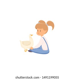 Little girl sitting with chicken . Raster illustration in flat cartoon style