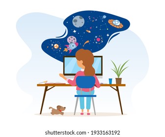 Little girl is sitting at desk with computer and using her imagination. Kid is dreaming about space and solar system. Little dog is sitting under desk. Flat cartoon vector illustration