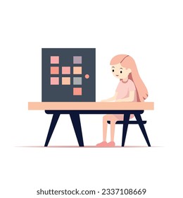 A little girl is sitting at a desk at a lesson at school. Education. Drawing. Organization of the workspace. Bright saturated colors. Vector graphics.