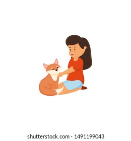 Little girl sitting with a fox . Raster illustration in flat cartoon style