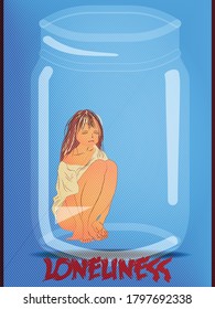 A little girl sitting in a glass jar. Depression, Quarantine, loneliness, self-isolation flyer or banner concept art. Vector for design, 2D games, graphics, web projects, magazine, book