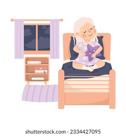 Little Girl Sitting in Her Bed with Toy Preparing for Night Rest Vector Illustration