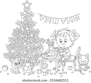 Menina sentada em sua mesa perto de uma árvore de Natal em um quarto de jardim de infância decorado com brinquedos e escrevendo uma carta para Papai Noel, ilustração de desenhos animados vetoriais em preto e branco para um livro de colorir