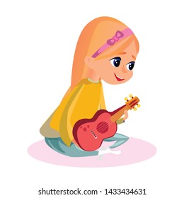 Little Girl Sitting Hold Ukulele in Hands Vector Illustration. Cartoon Hawaiian Guitar Player. Female Guitarist, Kid Music Performer, Child Musician. Concert Performance, Song Melody Play