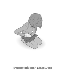 Little girl sitting holding hands on her tummy, belly, abdomen. Abdomenal, liver pain, appendicitis. Vector outlined flat illustration. Gray image, white background.