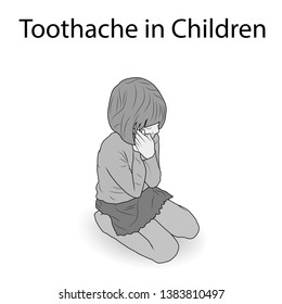 Little girl sitting holding hands on her face. Toothache. Vector outlined flat illustration. Gray image, white background.